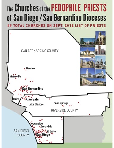 Map listing out pedophile priests in San Diego/San Bernardino Dioceses